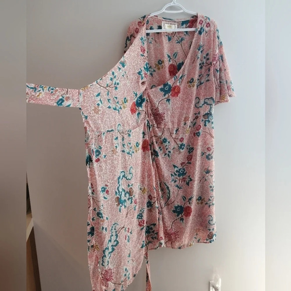 Anthropologie Maeve Adelaide Pink Wrap Midi Dress Short Sleeve Floral Small - Picture 6 of 16